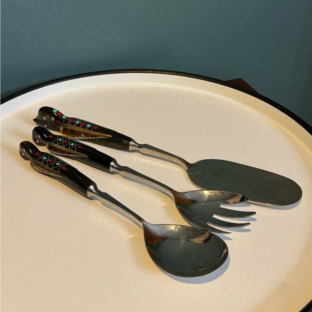 Set of 3 Vintage LEBANON Carved Inlaid Figural Bird Handle spoon fork spatula